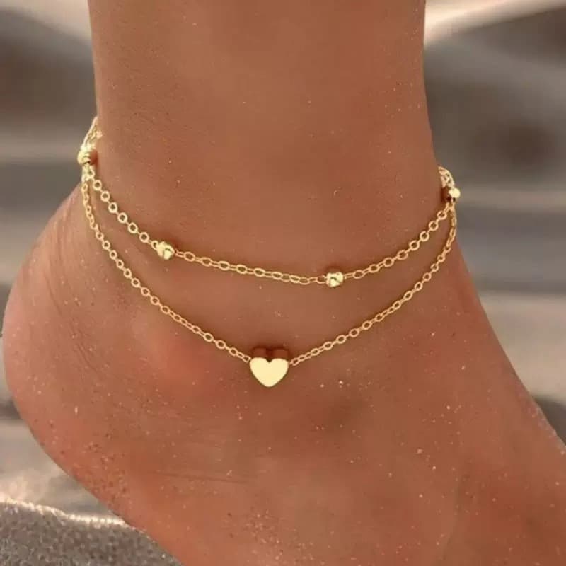 Tornozeleira Feminina  Coração e bolinha Delicado banhado a prata 925 ou ouro18k - Tornozeleira aço inoxidável