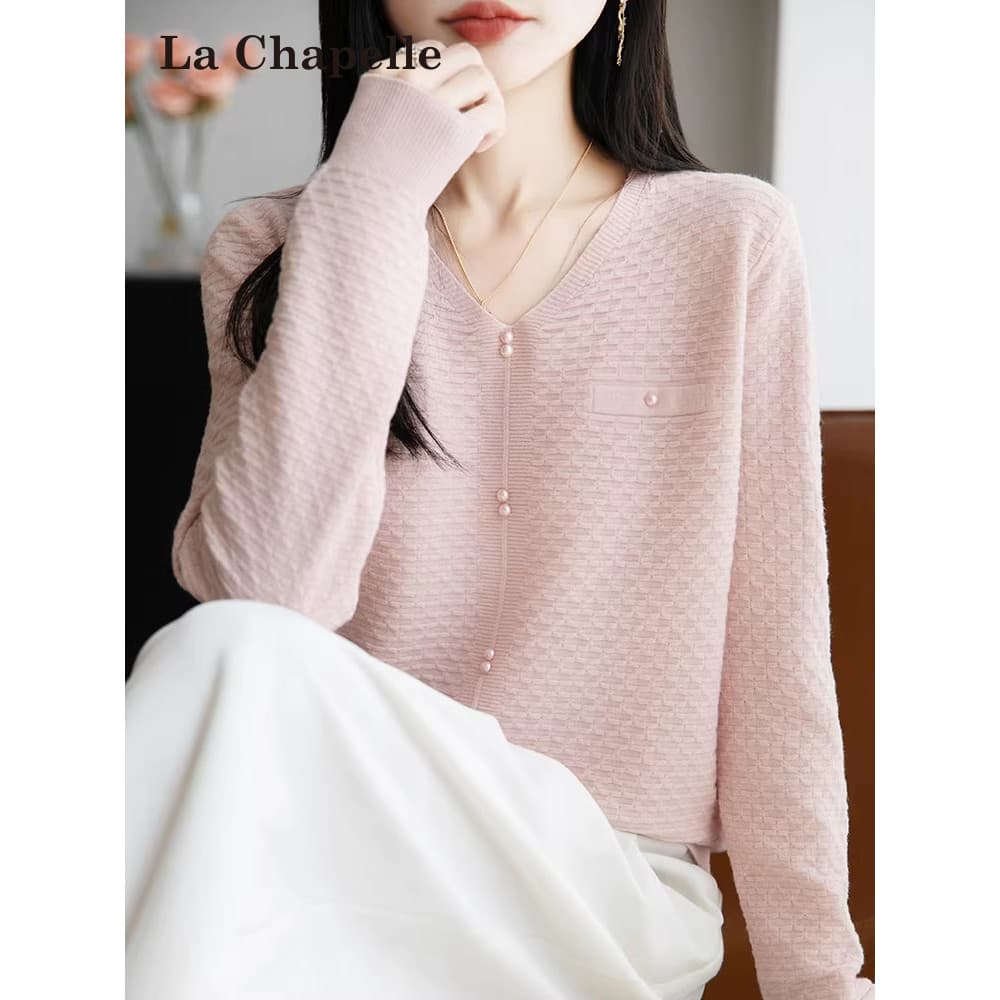 Lassia sino início do outono com decote em V Jacquard frisado camisa de fundo de malha feminina primavera outono moda ta