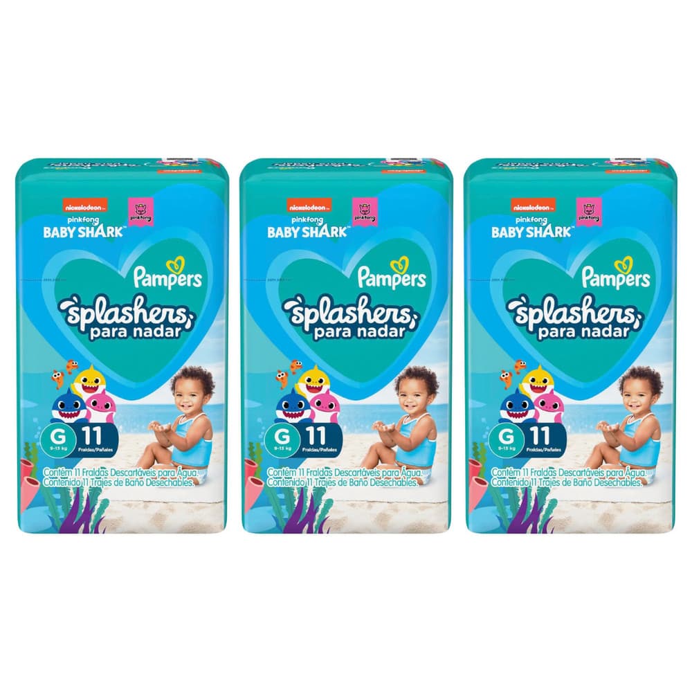 Kit 3 Fraldas Descartáveis Pampers Splashers para Água G 9-13kg 11 Fraldas