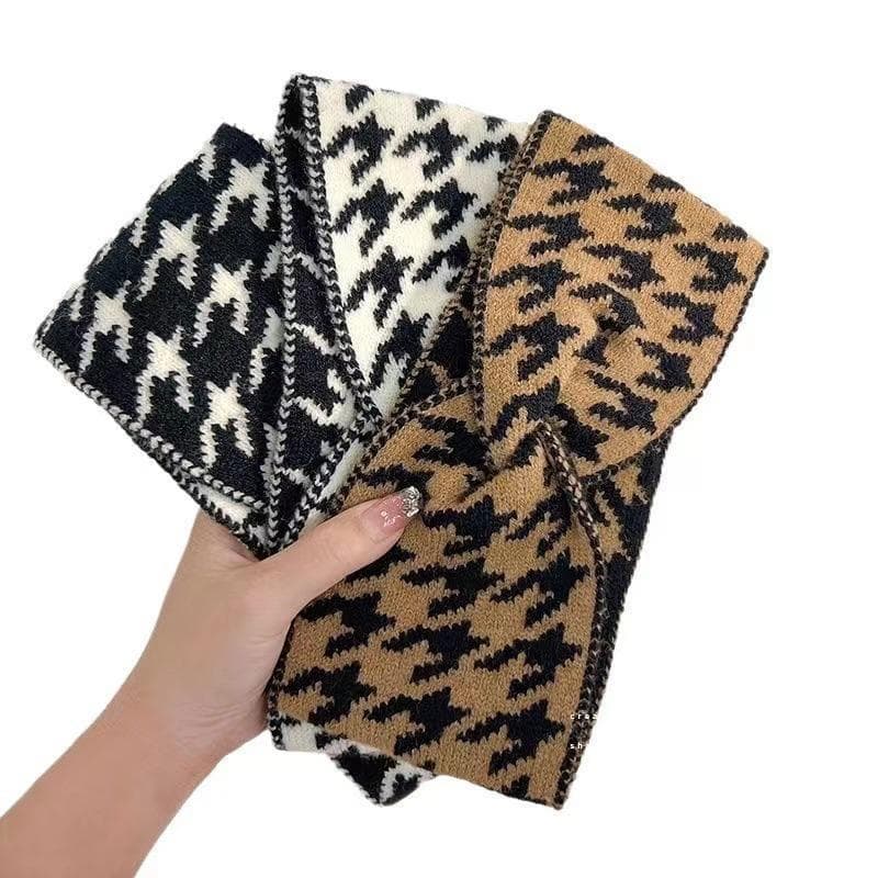 Estilo Coreano Houndstooth Malha Lã Moda Feminina Turbante Retrô De Abas Largas Acessório De Cabelo