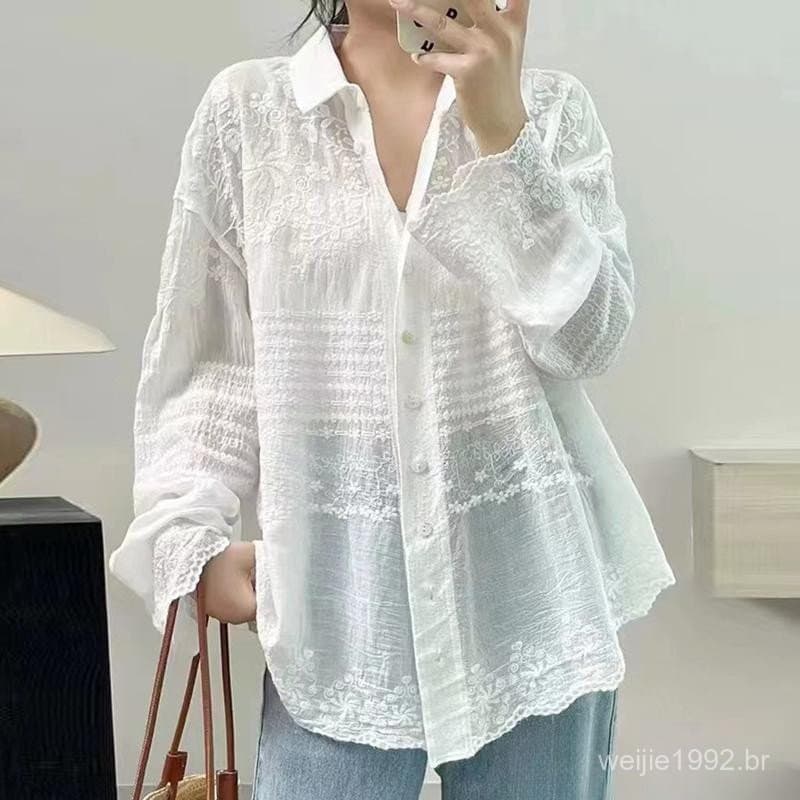 Mulheres Oco Jacquard Tops Solto Lapela Pescoço Manga Comprida Botão Camisa De Proteção Solar
