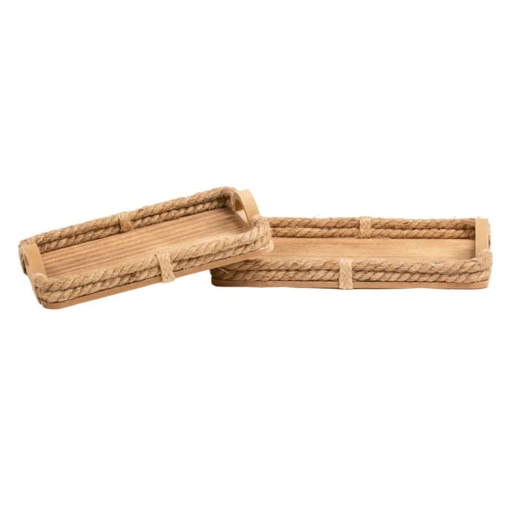 Kit com 2 Bandejas Retangular Madeira e Corda