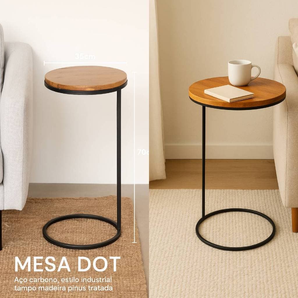 Mesa Auxiliar Dot 70 cm – Estilo Industrial, Acabamento Premium