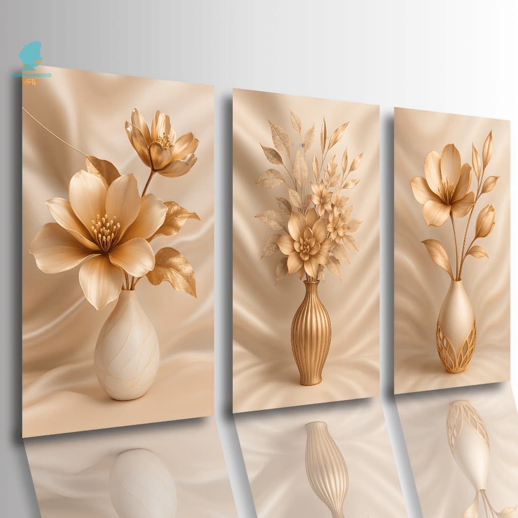 Quadros Decorativos Trio Vasos Floral 3D Dourado Rosé Moderno Luxo Sala Quarto
