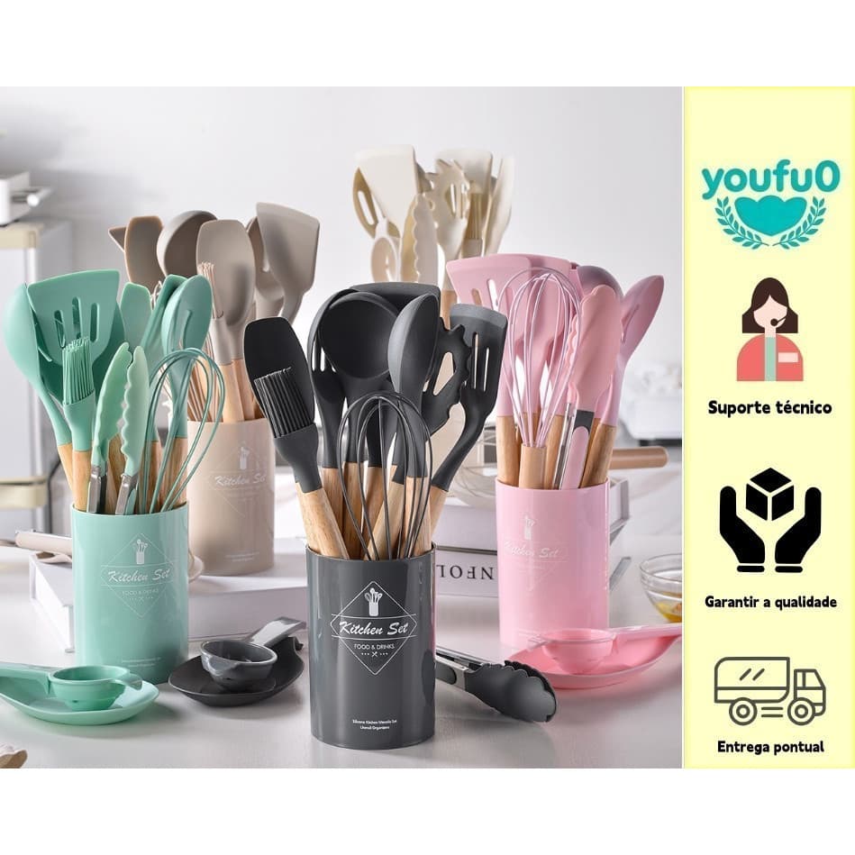 Conjunto de cozinha Conjunto de 5/12 peças de talheres de Silicone e Rack de armazenamento de copos com alça de madeira