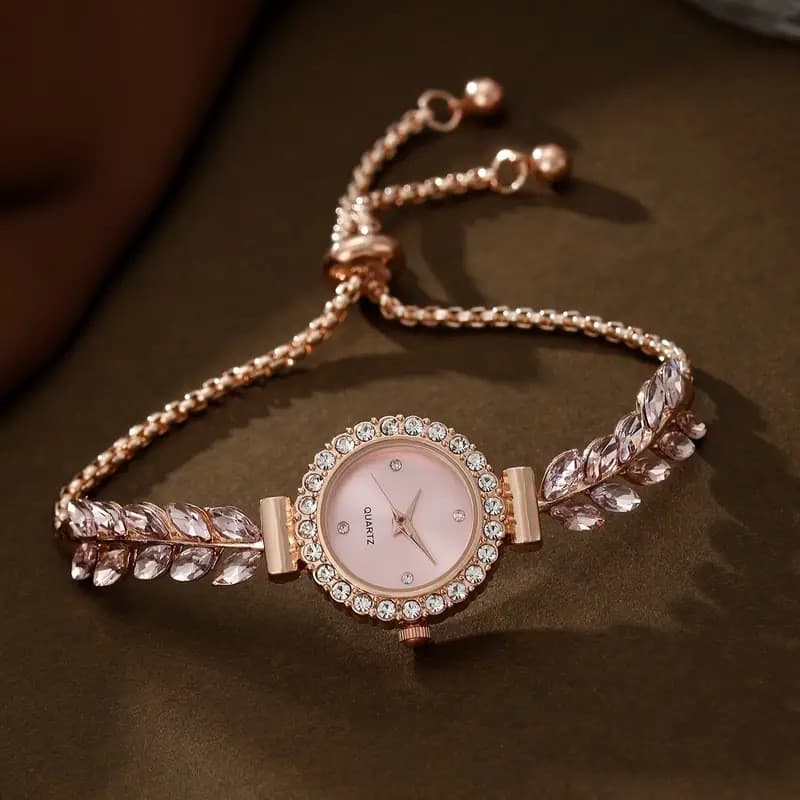 Relógio De Moda Feminina Elegante WH0354GL-Design De Folha Cravejada De Diamantes Com Pulseira Ajustável