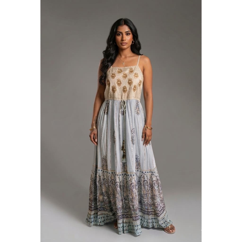 Vestido Longo Indiano Estampa Paisley Detalhes Dourados-2429