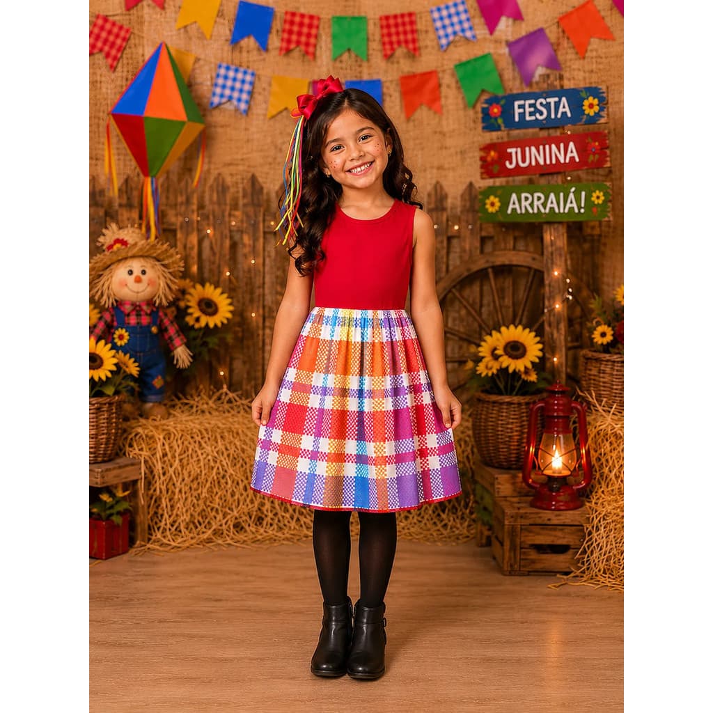 Vestido Xadrez Infantil Festa Junina Quadrilha Mamãe Cheguei
