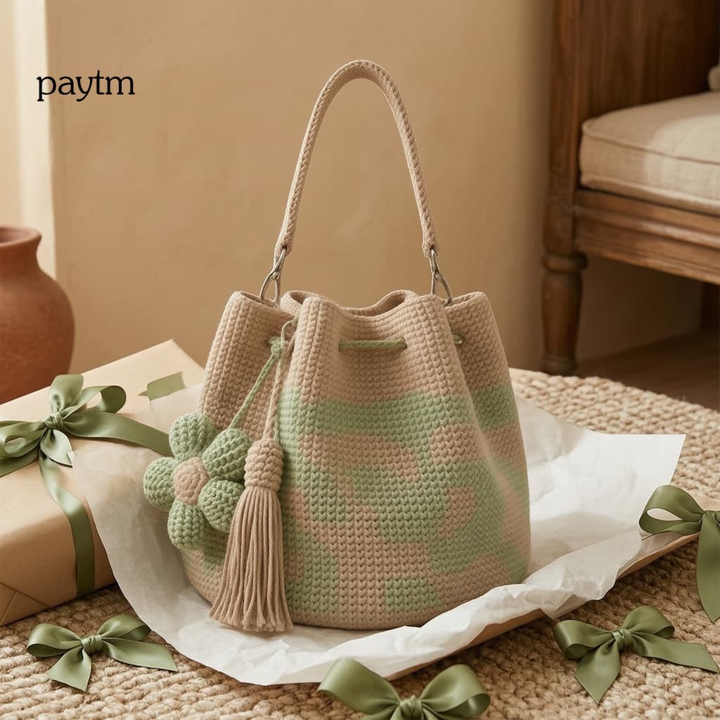 Vintage Bohemian Handbag Tassel Design Bag Crochet Floral Tote Handmade Knit Flower Shoulder Purse for Women Summer Beac