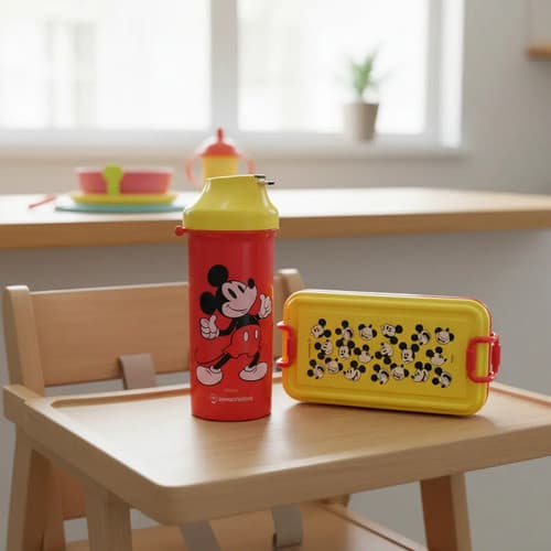 Marmita Lancheira Kit Mickey Talheres Com Tampa Trava Infantil Criança Fofinho Vermelho E Amarelo