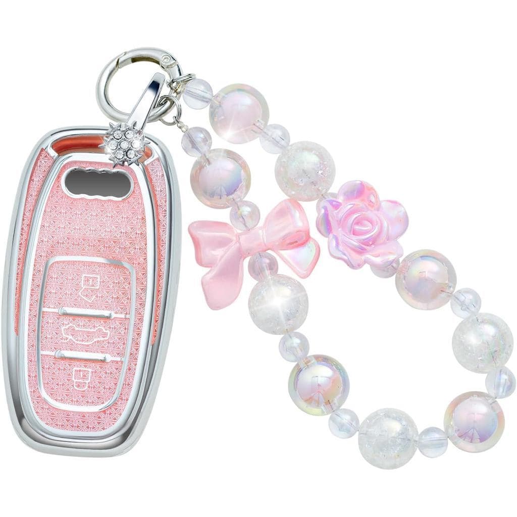 Capa Rosa Para Chave Audi A4 A5 A6 A7 A8 Q5 S5 S7 De TPU Inteligente De 3 Botões Com Cordão Chaveiro-Fofa E Feminina