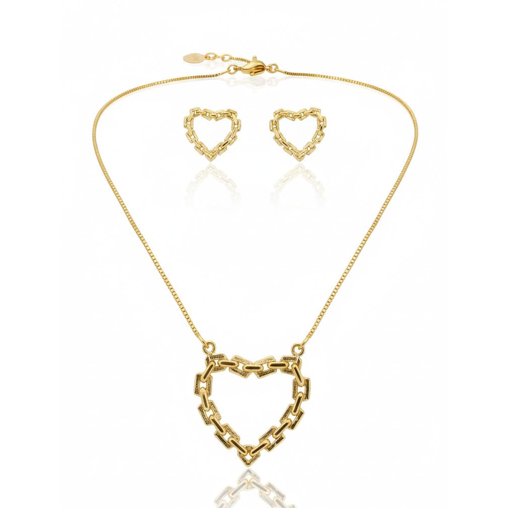 Conjunto de Colar e Brincos em Formato Coração Elo Geométrico Estruturado | Feminino | Banhado Ouro 18K | Antialérgico