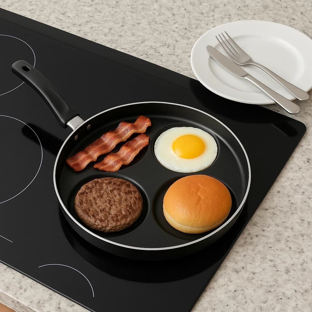 Frigideira 4 em 1 Antiaderente Ovos Hambúrguer Panela Grelha Fritar Grelha Preta Divisória Cozinha