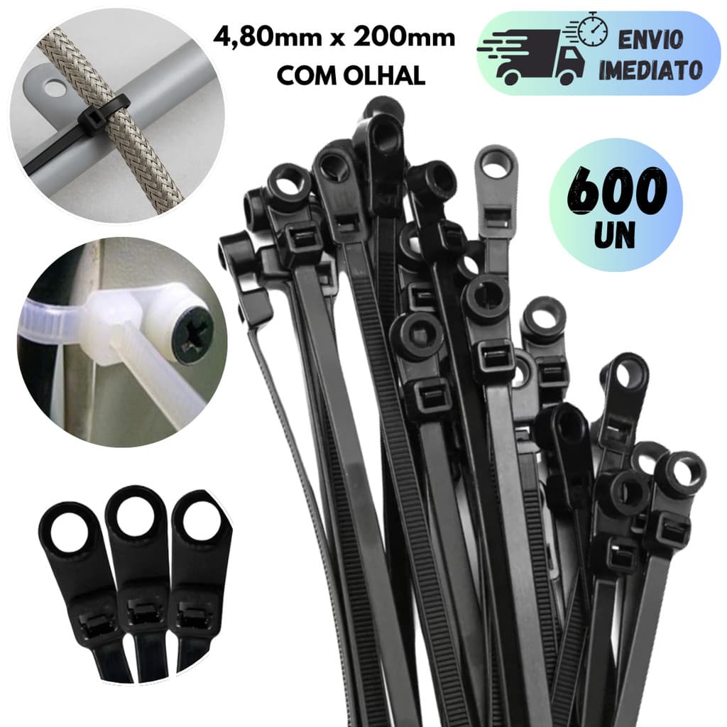 KIT 200 A 600 ABRAÇADEIRA COM OLHAL 4,80MMX200MM GRANDE ENFORCA GATO NYLON CINTA PLÁSTICA