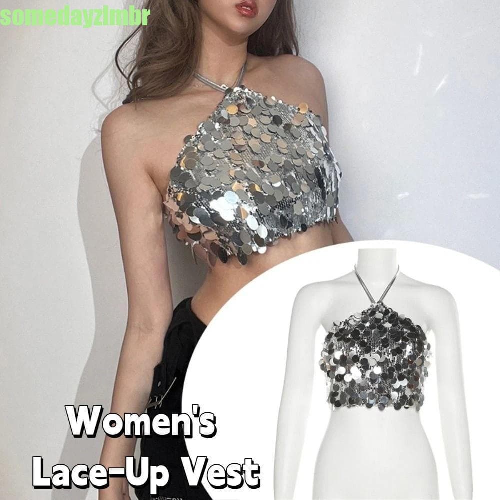 SOMEDAYZL0M Regata Com Glitter , Camisola Curta De Lantejoulas Prateadas Para Praia , Colete Feminino Sem Mangas Cadarço