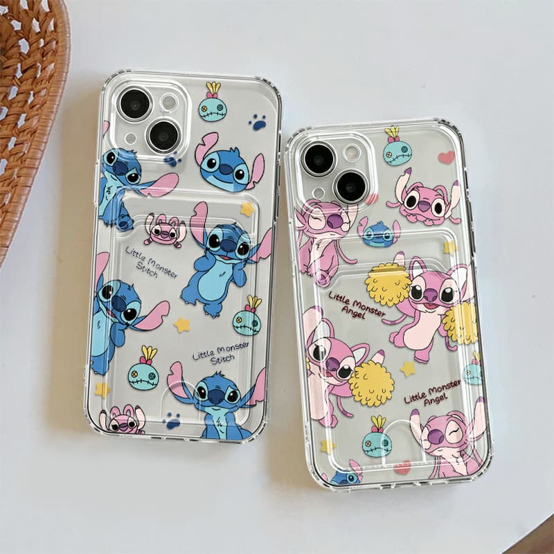Capa Para iPhone 13 11 12 14 15 16 17 Pro Max Transparente Silicone Anti-choque Capinha Card Case Stitch fofo