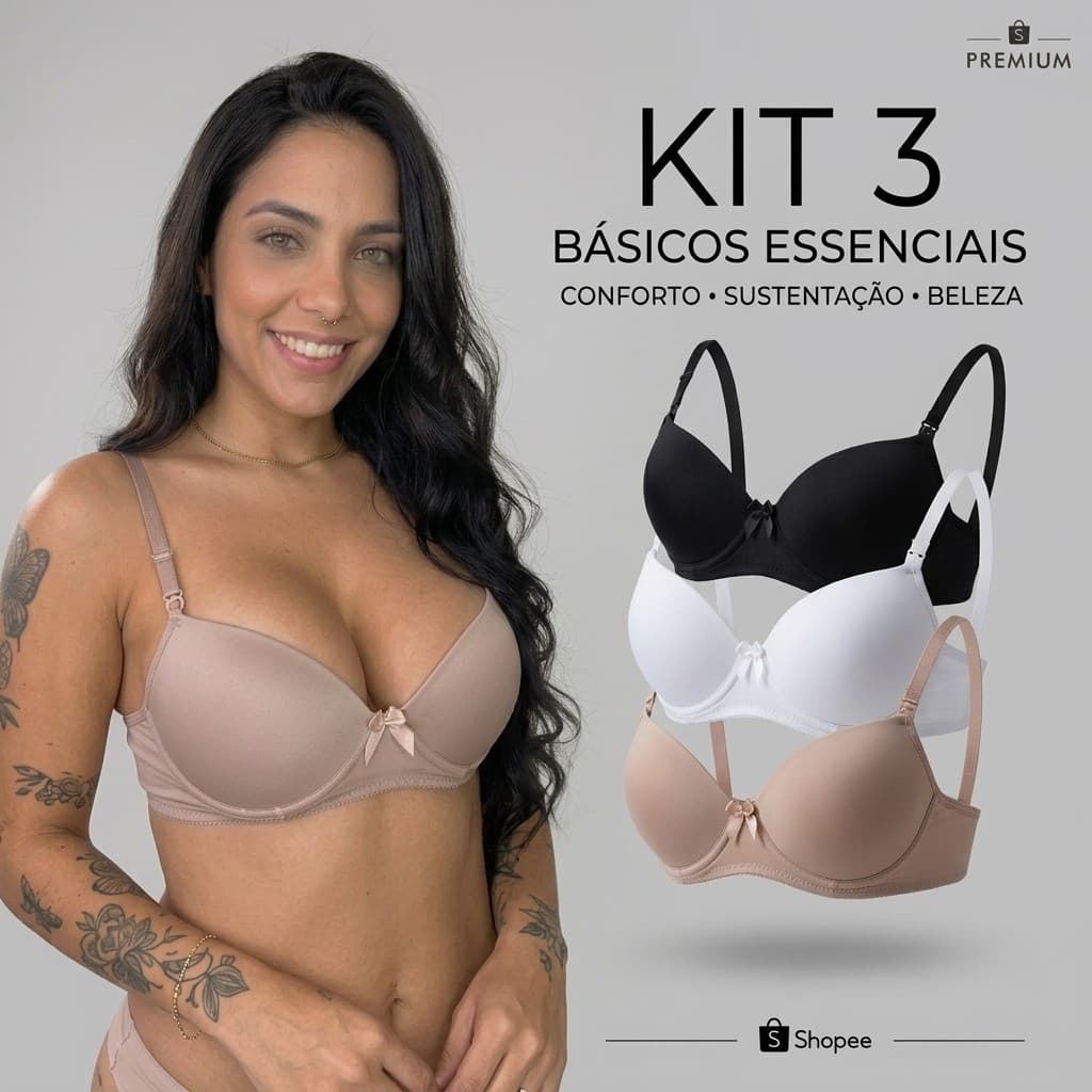 kit c/3 Sutiã Básico Reforçado de Microfibra Com Bojo do P ao GG PROMOÇÃO