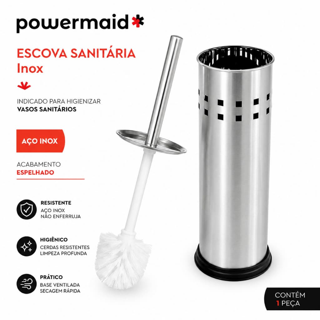 Escova Sanitária Inox com Suporte Powermaid Premium
