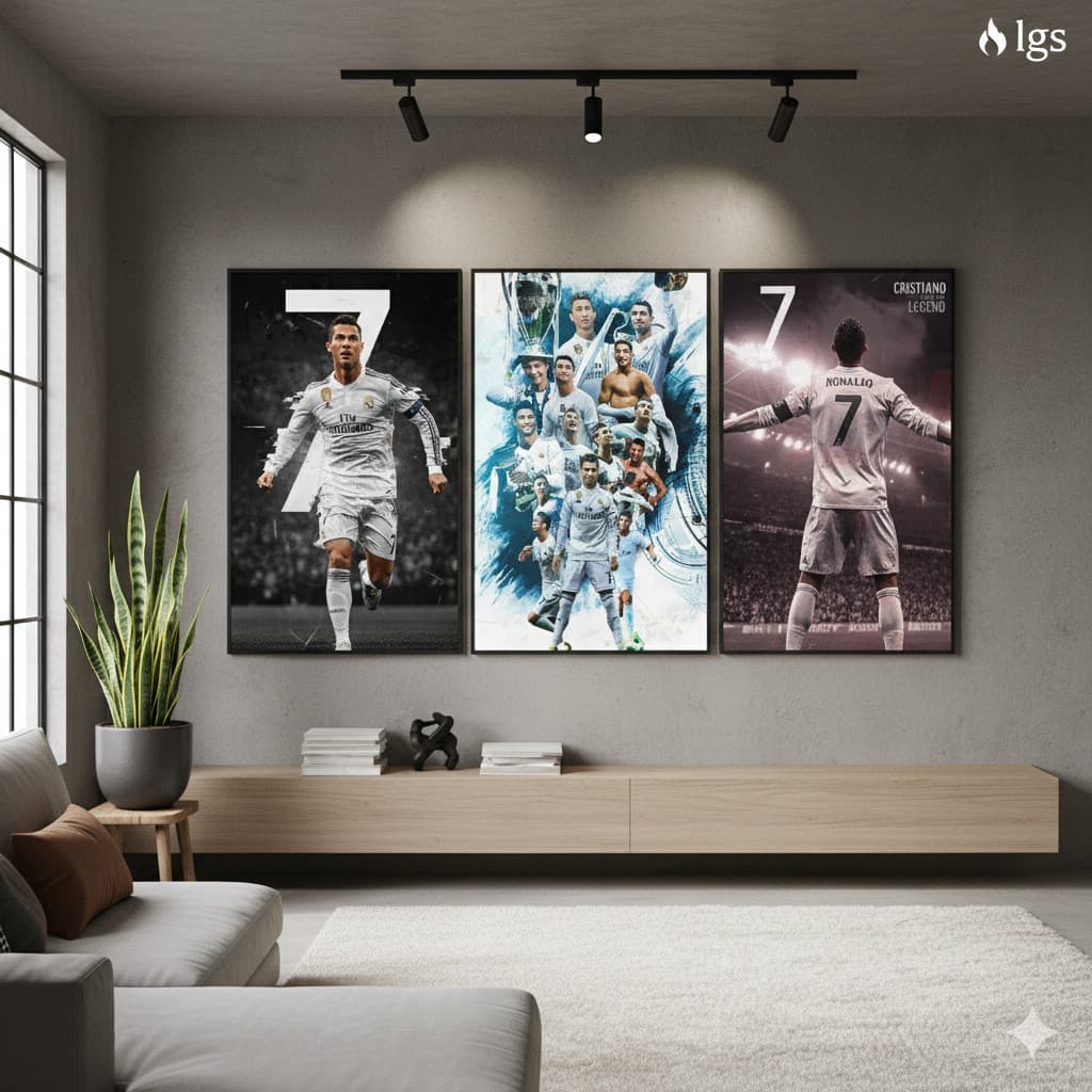 Quadros Decorativos 3 Peças CR7 Crstiano Ronaldo Camisa 7 Futebol Esporte Decoração Para Sala Quarto