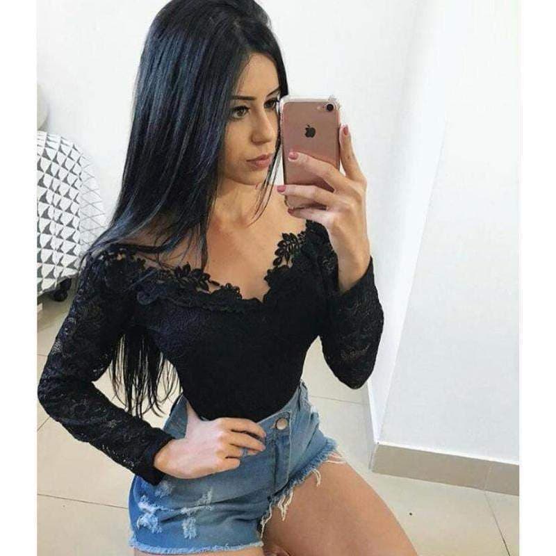 Body Renda Tule Bordado Guipier Manga Longa Blusa Feminina Feminino