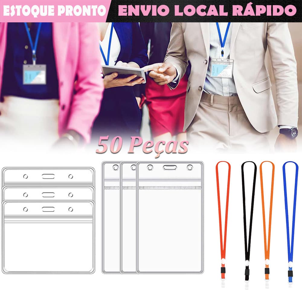 50 pçs porta-crachás de identificação com  cordão porta-crachás de plástico selável à prova d'água  padrão