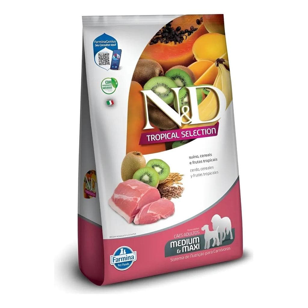 Ração N&D Tropical Selection Cães Médio Grande Suíno 12kg (10kg + 2kg Grátis)