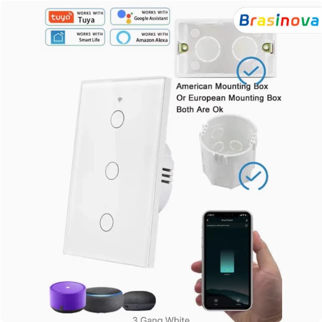 Tomada inteligente com interruptor WiFi, botão 1/2/3, fácil instalação