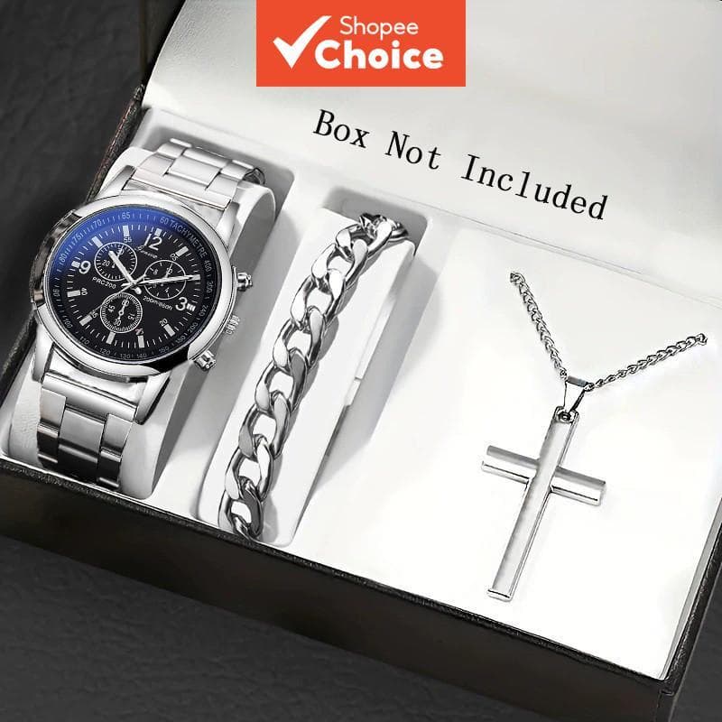 Kit De Relógio De Quartzo De Aço Inoxidável Com Bloqueio De Luz Azul Elegante De 3 Unidades Para Presente Masculino