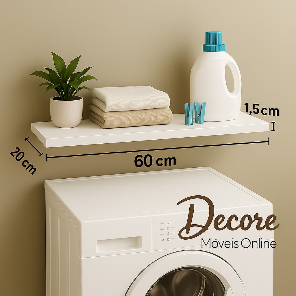 Prateleira Branca 60x20 cm em MDF, suporte invisível, Banheiro, Cozinha, Lavanderia e Escritório
