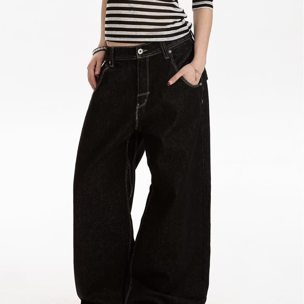 Estilo americano rua lavado impresso Topstitch Machete Jeans masculino feminino vibe solto All-Match Casual calças de pe