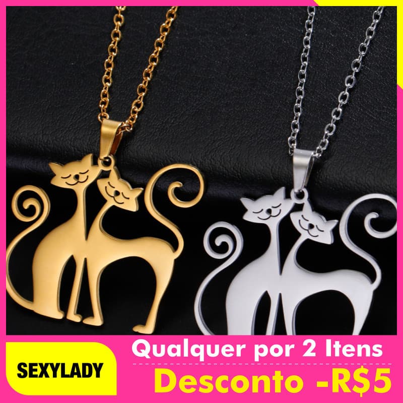 Colar com Pingente de Casal de Gatos, Gargantilha Feminina de Aço Inoxidável, Joia de Animal Fofa e Divertida, Presente
