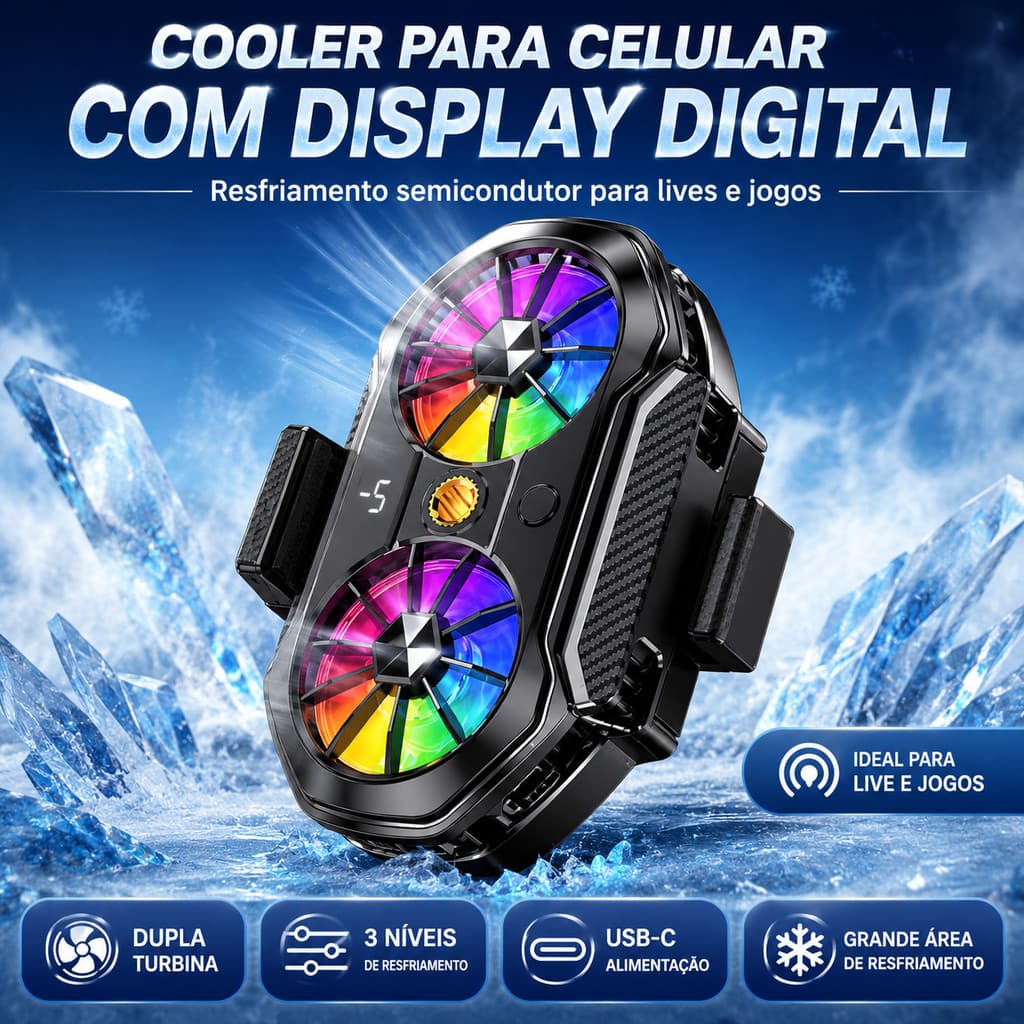 Cooler Gamer para Celular com Duas Ventoinhas e Refrigeração Ajustável