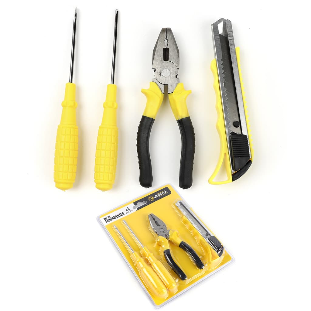 KIT FERRAMENTA 4 PEÇAS - ALICATE, CHAVE DE FENDA, CHAVE PHILIPS E ESTILETE 18MM