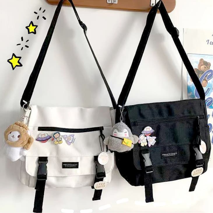Bolsa Tiracolo Estilo Harajuku Japonês Utilitário Retrô de Rua, Bolsa Carteiro Estudantil de Lona