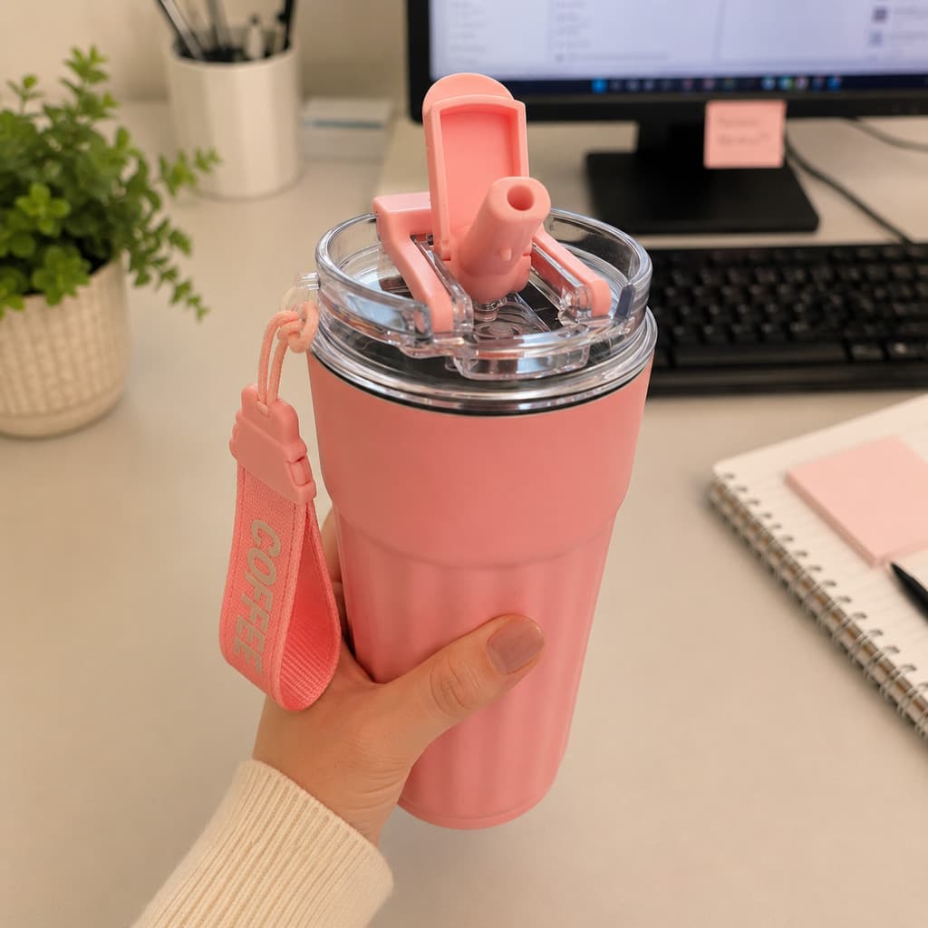 COPO TÉRMICO HUMA-114 COM CANUDO 550ML ROSA CLARO