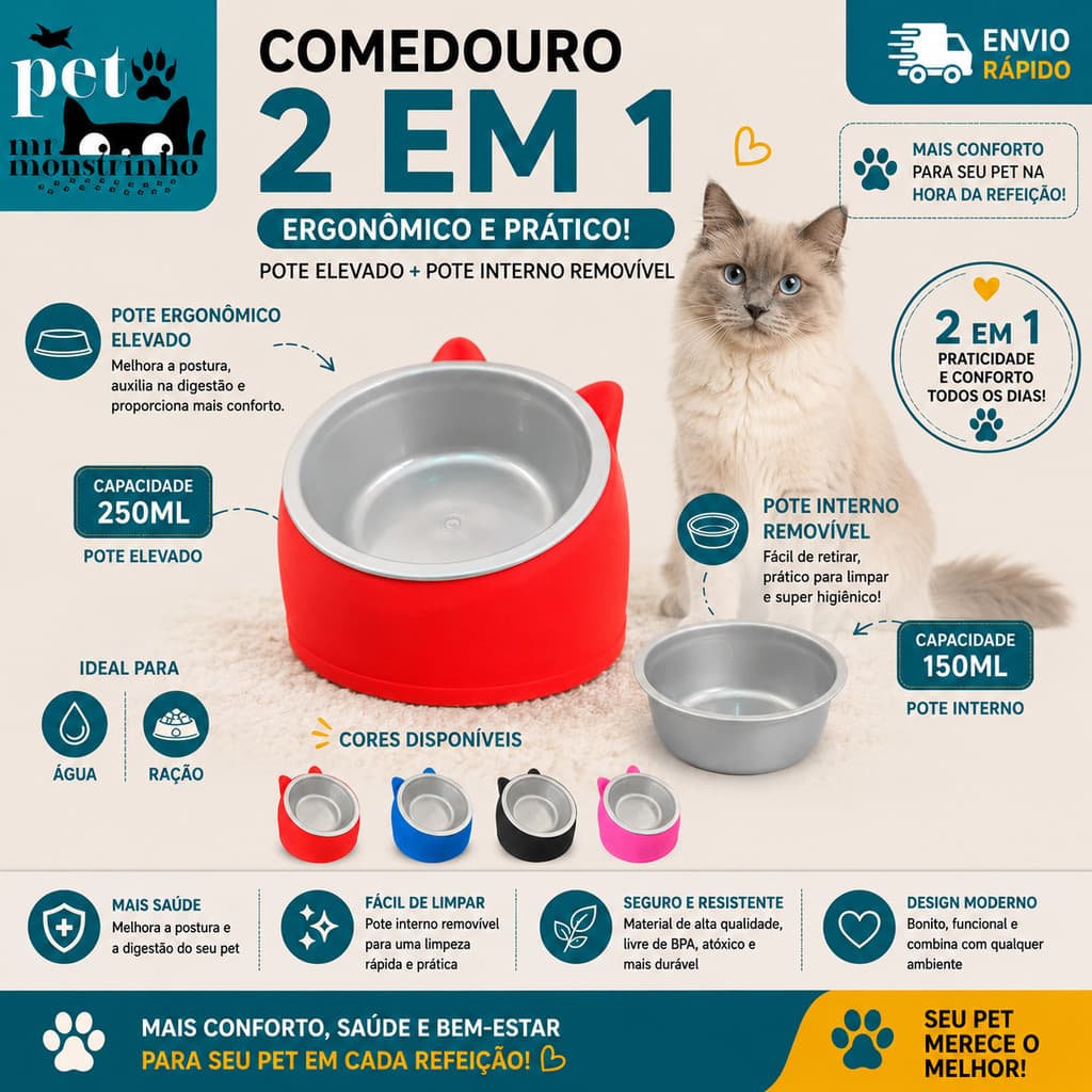 Comedouro Vasilha Tigela Elevada Resistente Pet 2 em 1 Luxo para Ração Petisco Gato Cachorro