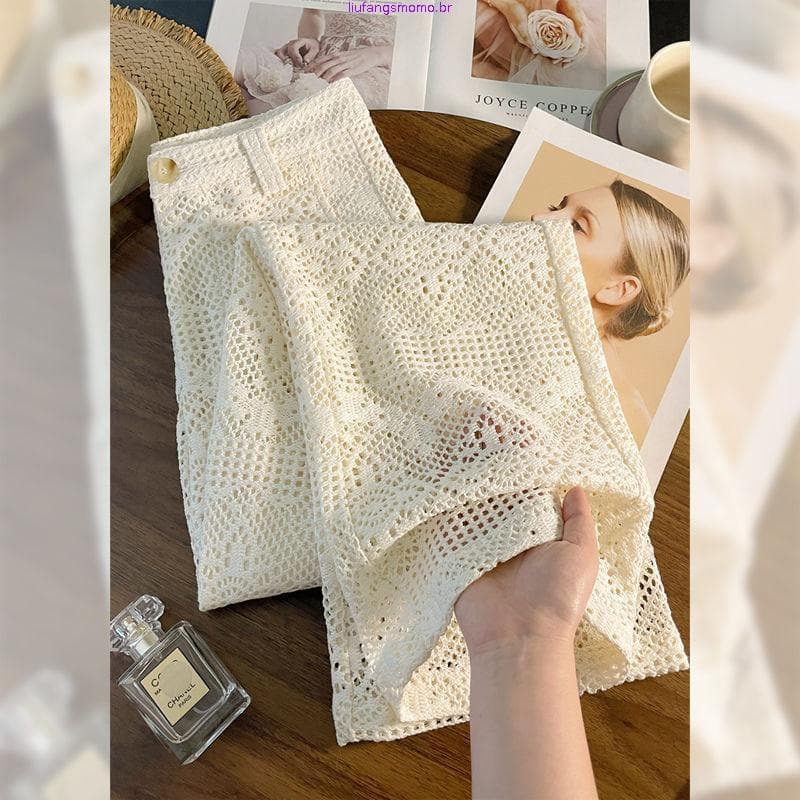 Fashionable and stylish hollow lace casual pants for women, new summer model, versatile design, straight wide-leg long p