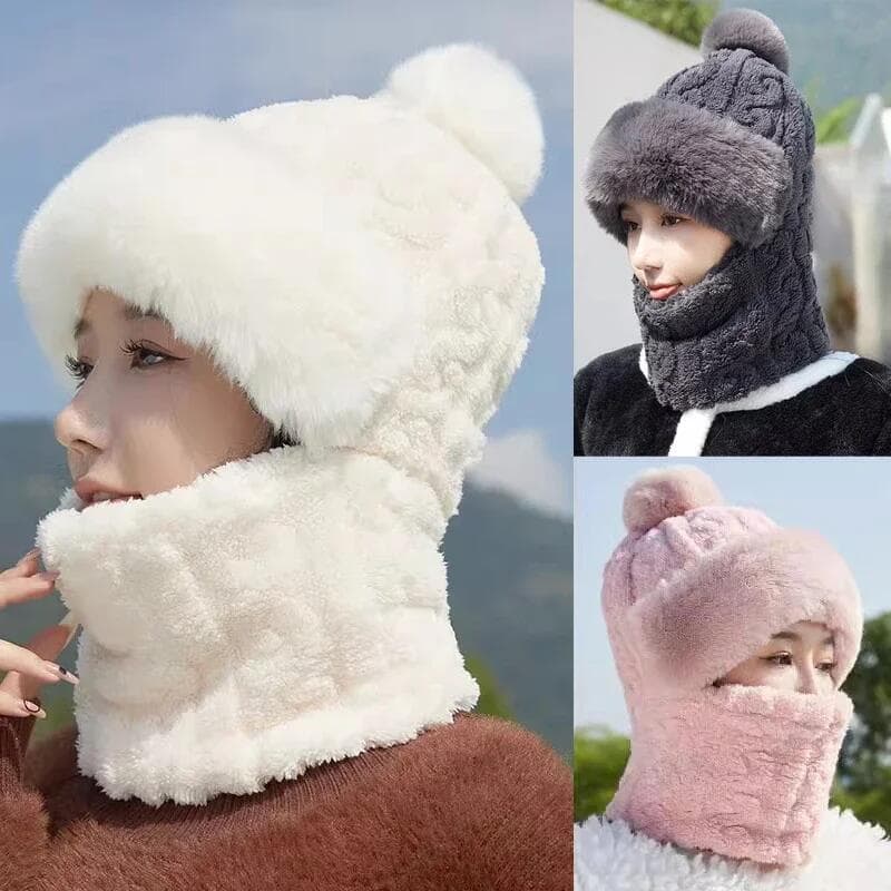 Conjunto de Cachecol de Inverno e Gorro com Capuz para Mulheres, Aquecedor de Pescoço de Pelúcia, Gorros de Esqui para E