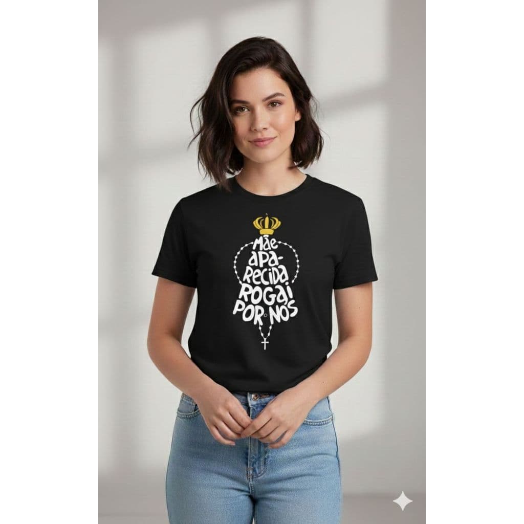 Camiseta Feminina Nossa Senhora Aparecida Rogai Por Nós – Estampa Religiosa