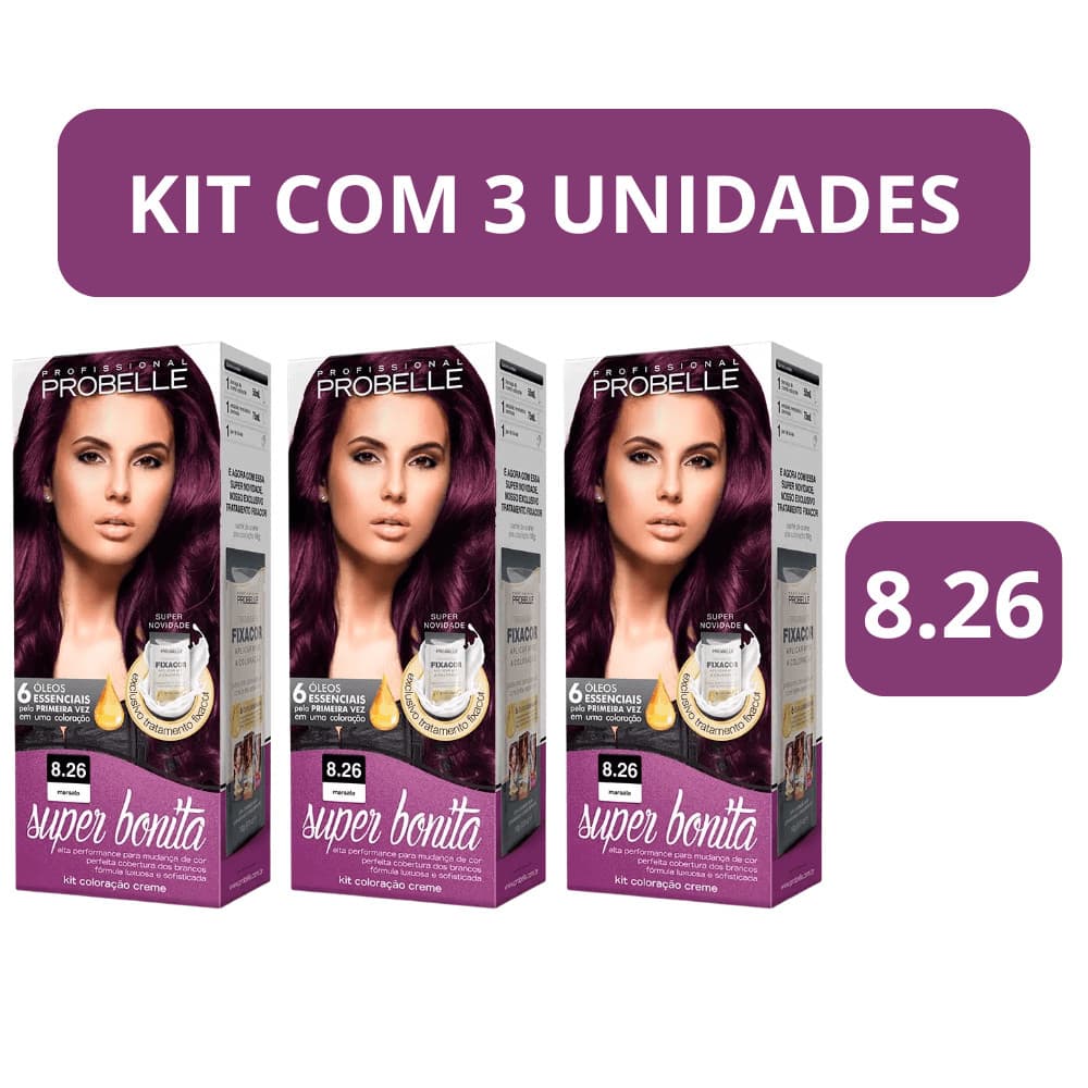 Kit c/3 Tinta de Cabelo Probelle Marsala 8.26 – Resultado Profissional e Cor Marcante com Brilho