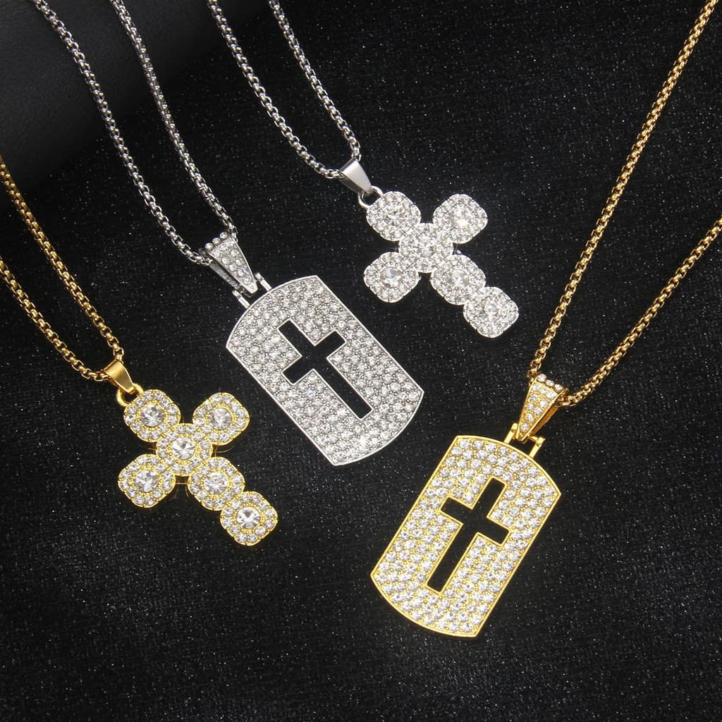 Colar Masculino Aço Inox Pingente Cruz Strass Luxo Hip Hop Estilo Urbano Moda Presente