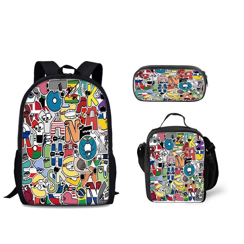 [Novo!!] Mochila Alphabet Lore com Impress茫o 3D, Bolsa Casual, Bolsa para Refei莽玫es, Estojo para L谩pis, Conjunto de Tr锚s