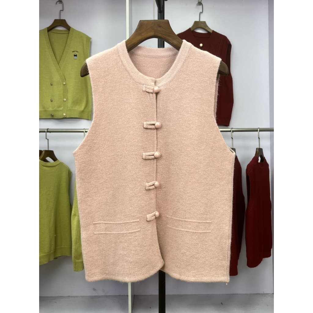 108 botões em torno do pescoço sem mangas estilo chinês Cardigan 2024 outono inverno novo estilo colete solto colete de