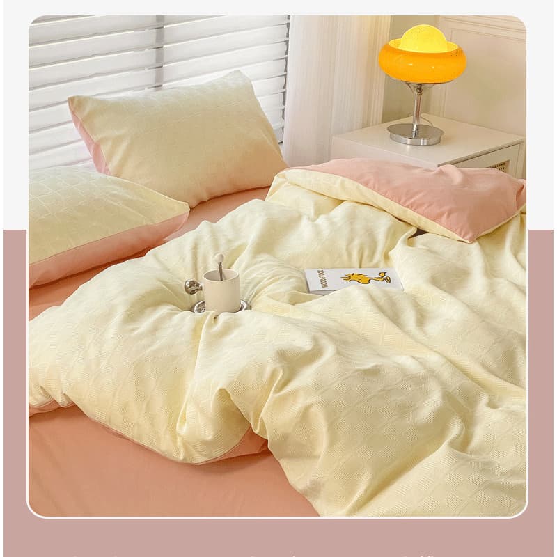 Lençol de algodão lavado, cor sólida, peça única, estilo creme, menina, Waffle, capa de edredom, fronha, quatro peças, d