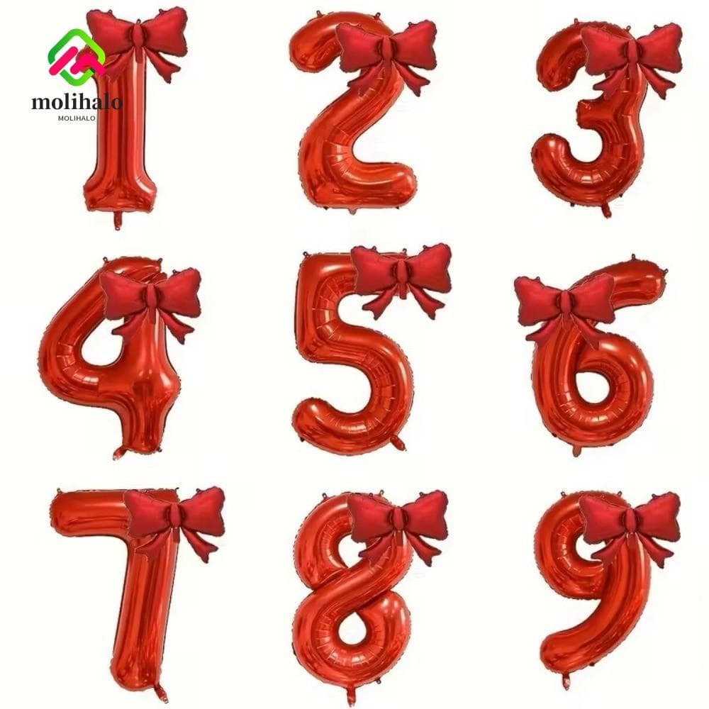 Balão Digital 0-9 Com Número MOLIHALO , Balões De Folha Vermelha Laço Vermelho , Grandes Festa De Aniversário De 32 Pole