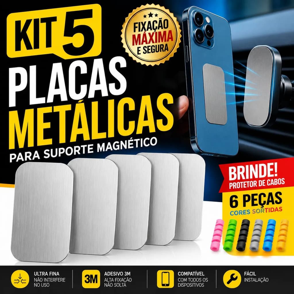 5 Placa Chapa média 38mmx50mm cm de Metal Retângular De Suporte Magnético Prata ou preto + BRINDE