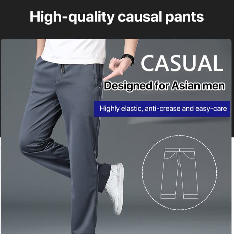 Calça social masculina de verão com cintura elástica e corte reto e folgado.
