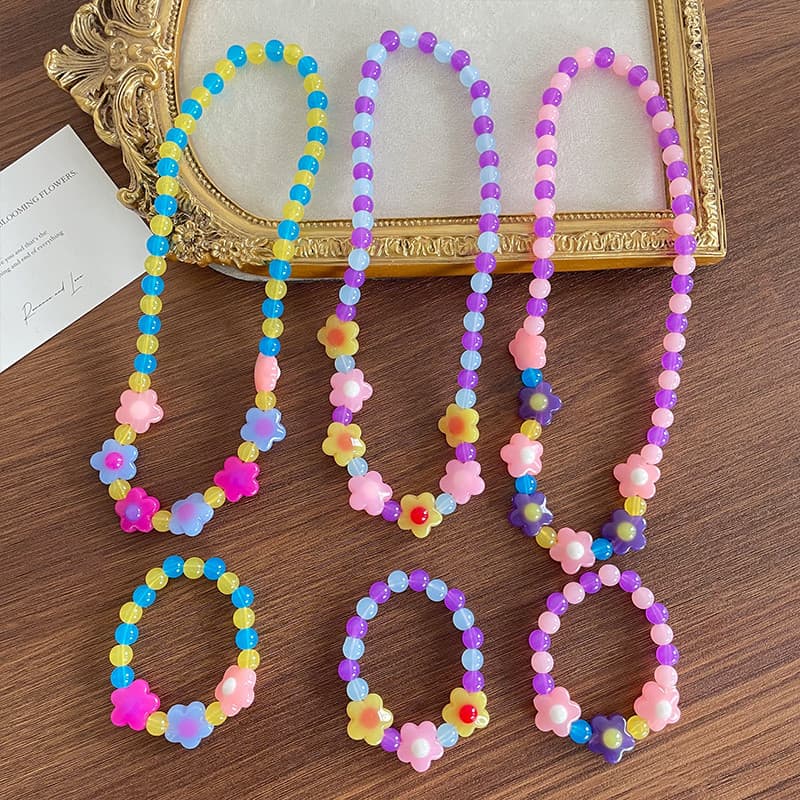 Exportado coreano doce geléia acrílico flor crianças colar elástico pulseira jóias do bebê menina presente de aniversári