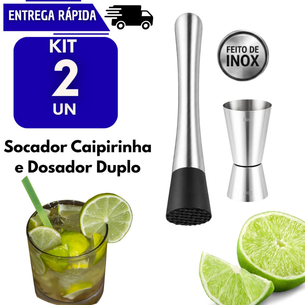 Kit Bar 2 Socador e 2 Dosador Duplo 25 e 50ml em Aço Inox Caipirinha Drinks Coquetel Bar Restaurante Bebidas Bebida