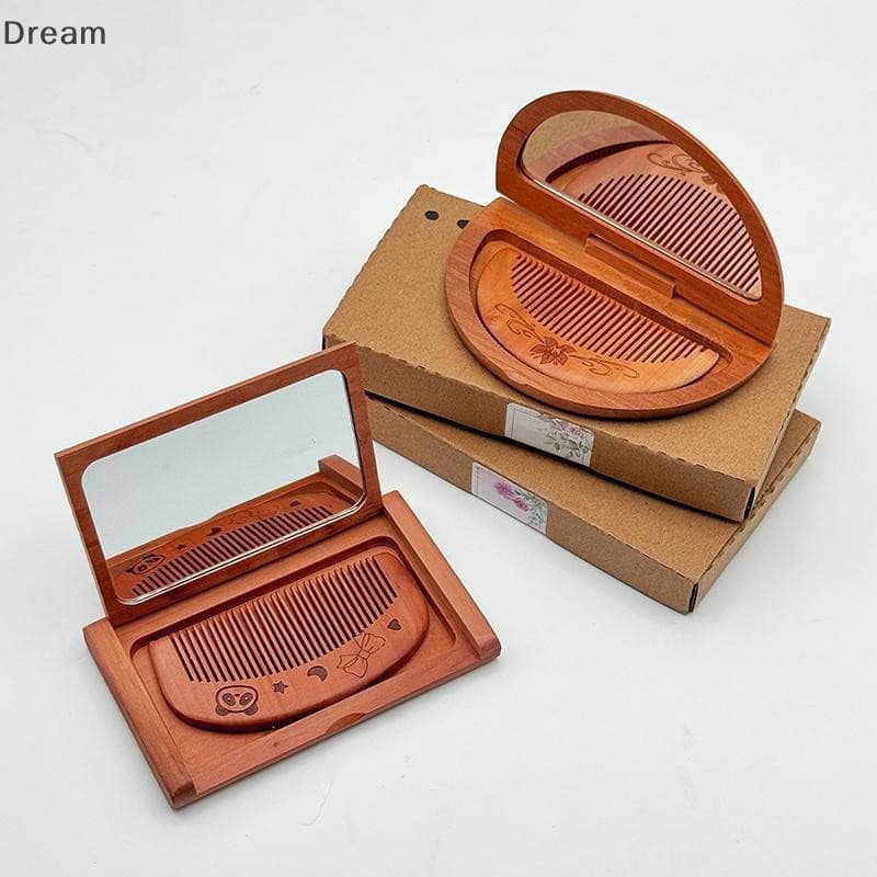 < Dream > Durável 2 Em 1 Conjunto De Espelho Pente De Madeira Mini De Maquiagem Vintage Pêssego Retângulo Portátil Dobrá